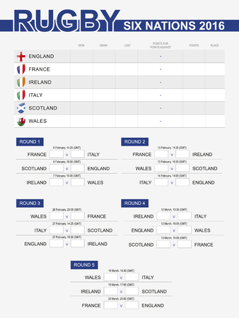 Rugby 6 Nations Championship 2016. Schedule, all matches, time and place. England, France, Ireland, Italy, Scotland, Wales. Vector Illustration.のイラスト素材