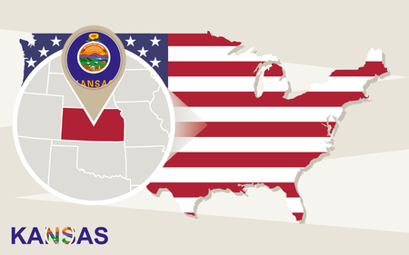 USA map with magnified Kansas State. Kansas flag and map.のイラスト素材