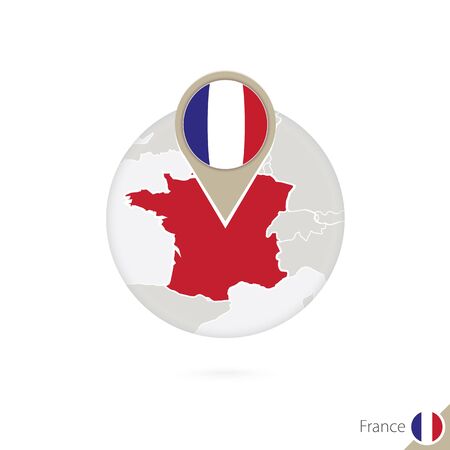 France map and flag in circle. Map of France, France flag pin. Map of France in the style of the globe. Vector Illustration.のイラスト素材