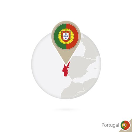 Portugal map and flag in circle. Map of Portugal, Portugal flag pin. Map of Portugal in the style of the globe. Vector Illustration.のイラスト素材