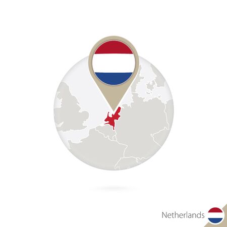 Netherlands map and flag in circle. Map of Netherlands, Netherlands flag pin. Map of Netherlands in the style of the globe. Vector Illustration.のイラスト素材