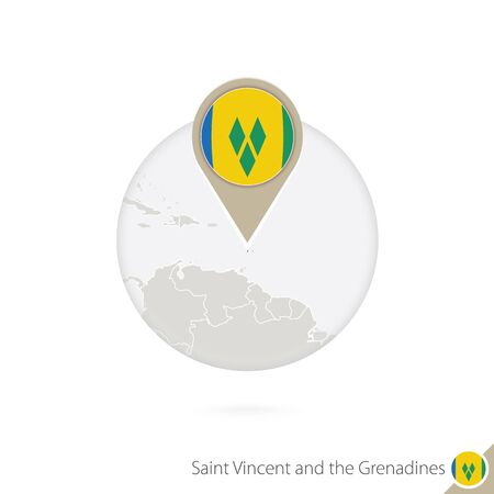 Saint Vincent and the Grenadines map and flag in circle. Map of Saint Vincent and the Grenadines, Saint Vincent and the Grenadines flag pin. Map of Saint Vincent and the Grenadines in the style of the globe. Vector Illustration.のイラスト素材