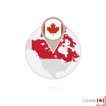 Canada map and flag in circle. Map of Canada, Canada flag pin. Map of Canada in the style of the globe. Vector Illustration.のイラスト素材