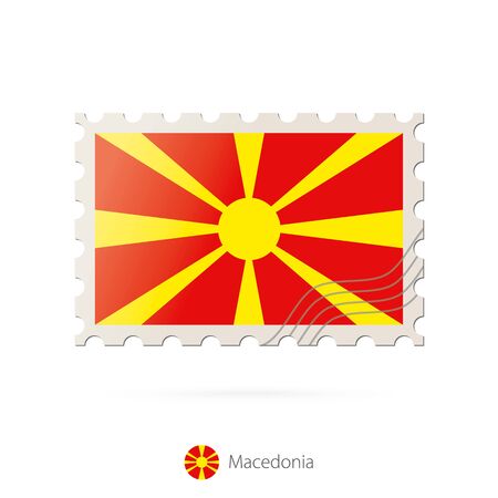 Postage stamp with the image of Macedonia flag. Macedonia Flag Postage on white background with shadow. Vector Stamp. Postage stamp and Macedonia flag. Vector Illustration.のイラスト素材