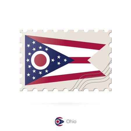 Postage stamp with the image of Ohio state flag. Ohio Flag Postage on white background with shadow. Vector Illustration.のイラスト素材