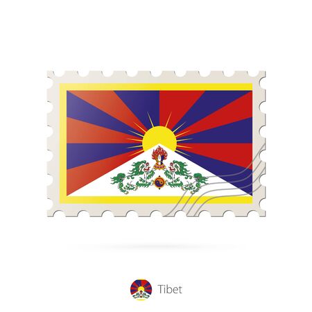 Postage stamp with the image of Tibet flag. Tibet Flag Postage on white background with shadow. Vector Illustration.のイラスト素材