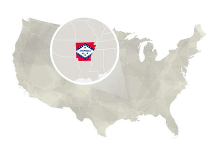 Polygonal abstract USA map with magnified Arkansas state. Arkansas state map and flag. US and Arkansas vector map. Vector Illustration.のイラスト素材