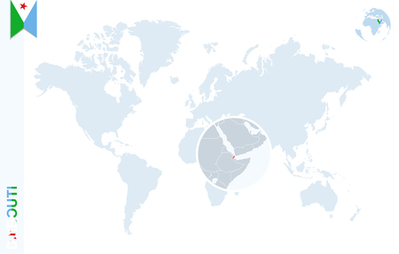 World map with magnifying on Djibouti. Blue earth globe with Djibouti flag pin. Zoom on Djibouti map. Vector Illustrationのイラスト素材