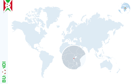 World map with magnifying on Burundi. Blue earth globe with Burundi flag pin. Zoom on Burundi map. Vector Illustrationのイラスト素材