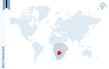 World map with magnifying on Botswana. Blue earth globe with Botswana flag pin. Zoom on Botswana map. Vector Illustrationのイラスト素材
