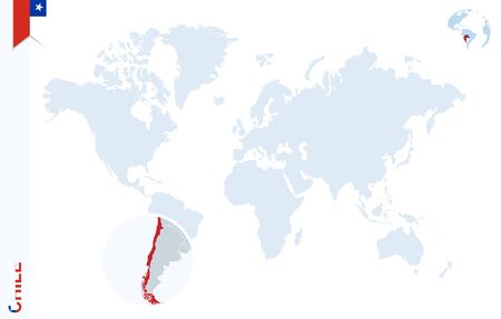 World map with magnifying on Chile. Blue earth globe with Chile flag pin. Zoom on Chile map. Vector Illustrationのイラスト素材