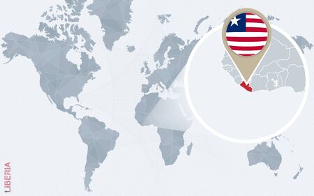Abstract blue world map with magnified Liberia. Liberia flag and map. Vector Illustration.のイラスト素材