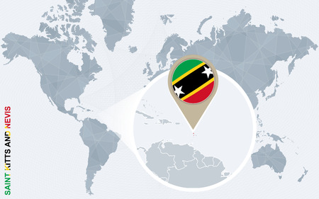 Abstract blue world map with magnified Saint Kitts and Nevis. Saint Kitts and Nevis flag and map. Vector Illustration.のイラスト素材