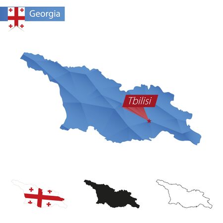 Georgia blue Low Poly map with capital Tbilisi, versions with flag, black and outline. Vector Illustration.のイラスト素材