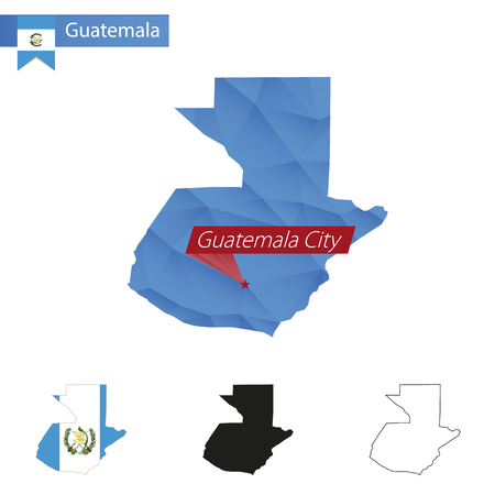 Guatemala blue Low Poly map with capital Guatemala City, versions with flag, black and outline. Illustration.のイラスト素材