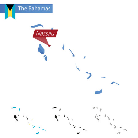 The Bahamas blue Low Poly map with capital Nassau, versions with flag, black and outline. Illustration.のイラスト素材
