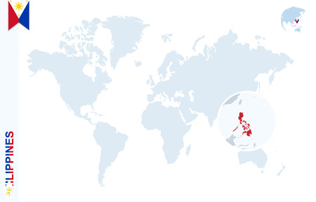 World map with magnifying on Philippines. Blue earth globe with Philippines flag pin. Zoom on Philippines map. Vector Illustrationのイラスト素材