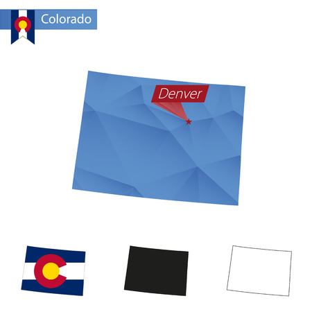 State of Colorado blue Low Poly map with capital Denver, versions with flag, black and outline. Vector Illustration.のイラスト素材