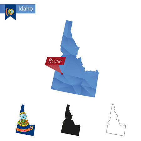 State of Idaho blue Low Poly map with capital Boise, versions with flag, black and outline. Vector Illustration.のイラスト素材