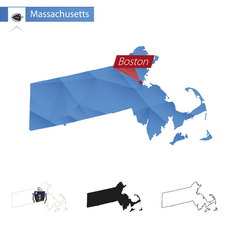 State of Massachusetts blue Low Poly map with capital Boston, versions with flag, black and outline. Vector Illustration.のイラスト素材