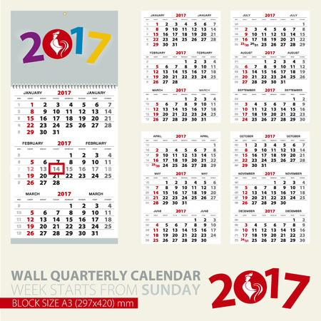 Calendar for 2017 year. Print template of wall quarterly calendar. Block size A3. Week starts from Sunday. 2017 with rooster image. Vector Illustration.のイラスト素材