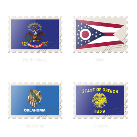 Postage stamp with the image of North Dakota, Ohio, Oklahoma, Oregon State Flag. Vector Illustration.のイラスト素材