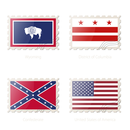 Postage stamp with the image of Wyoming, District of Columbia, Confederate, United States of America Flag. Vector Illustration.のイラスト素材