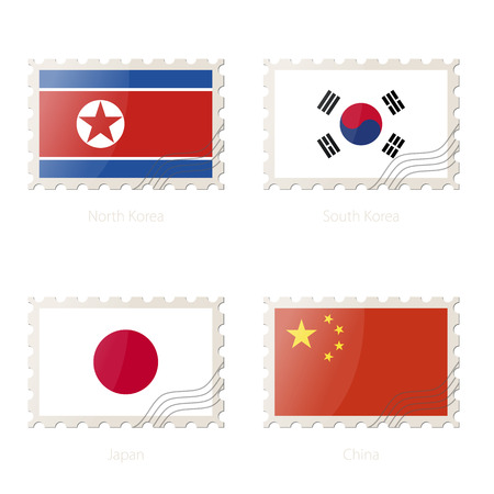 Postage stamp with the image of North Korea, South Korea, Japan, China flag. Vector Illustration.のイラスト素材