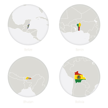 Belize, Benin, Bhutan, Bolivia map contour and national flag in a circle. Vector Illustration.のイラスト素材