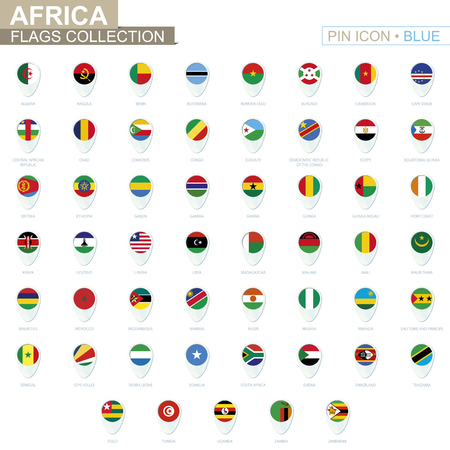 Africa flags collection. Big set of blue pin icon with flags of African countries. Vector Illustration.のイラスト素材