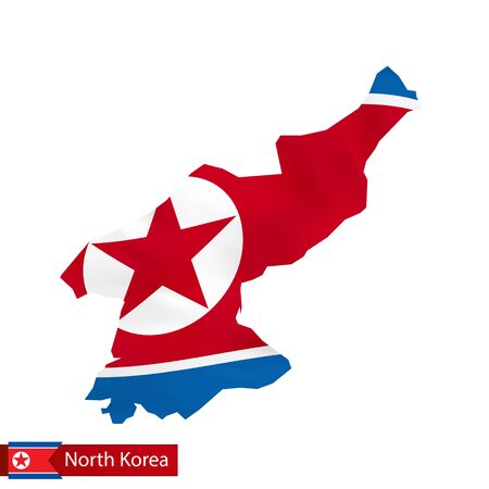 North Korea map with waving flag of country. Vector illustration.のイラスト素材