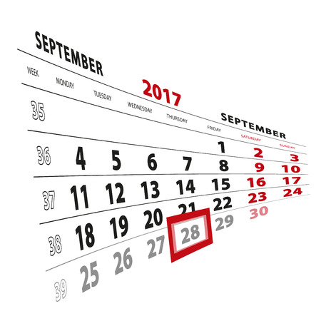 28 September highlighted on calendar 2017. Week starts from Monday. Vector Illustration.のイラスト素材
