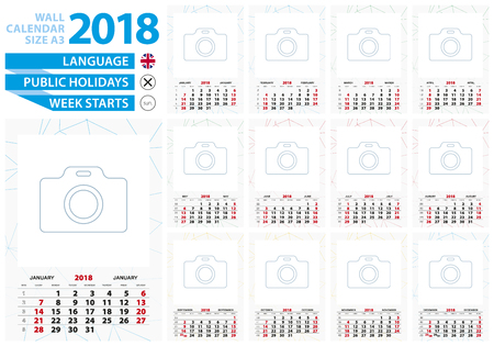 A3 size wall calendar 2018 year with abstract lined background and place for you photo. Week starts from Sunday, English language.のイラスト素材