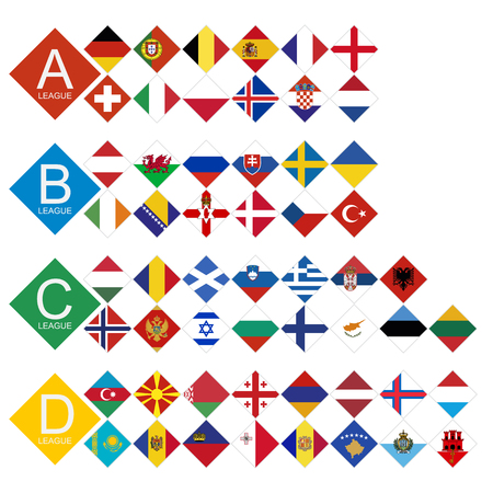 European football tournament all competitors Flag sorted by League. 55 European national teams flag.のイラスト素材