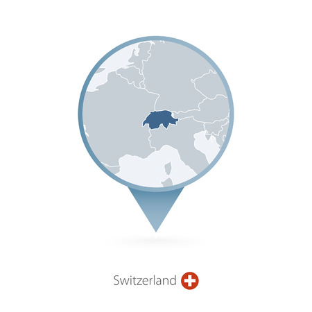 Map pin with detailed map of Switzerland and neighboring countries.のイラスト素材
