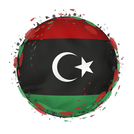 Round grunge flag of Libya with splashes in flag color. Vector illustration.のイラスト素材