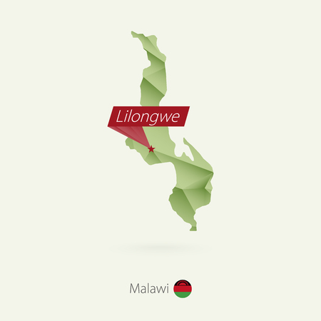 Green gradient low poly map of Malawi with capital Lilongweのイラスト素材