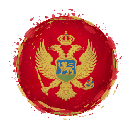 Round grunge flag of Montenegro with splashes in flag color. Vector illustration.のイラスト素材