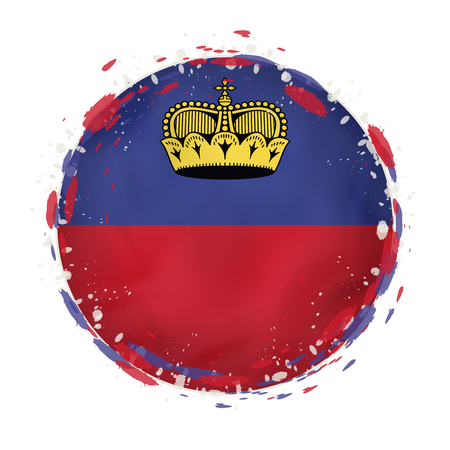 Round grunge flag of Liechtenstein with splashes in flag color. Vector illustration.のイラスト素材