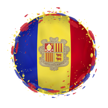 Round grunge flag of Andorra with splashes in flag color. Vector illustration.のイラスト素材