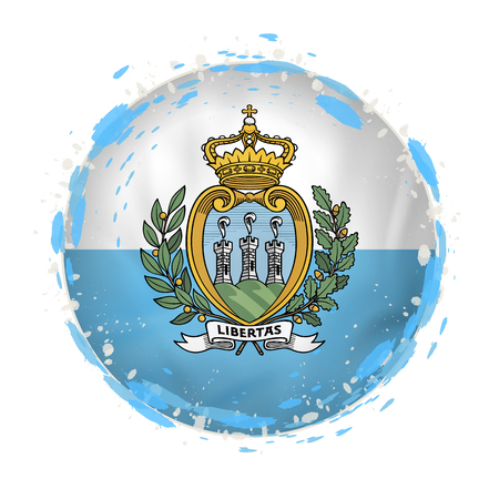 Round grunge flag of San Marino with splashes in flag color. Vector illustration.のイラスト素材