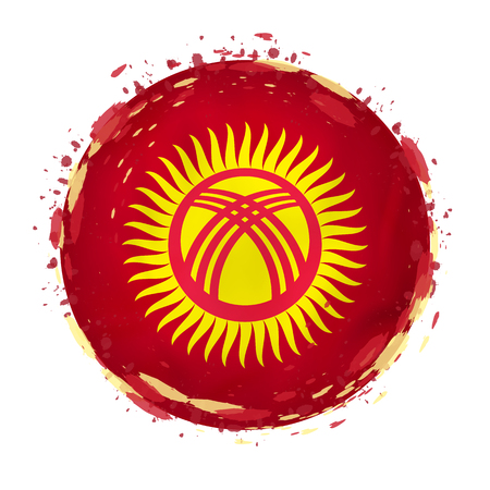 Round grunge flag of Kyrgyzstan with splashes in flag color. Vector illustration.のイラスト素材