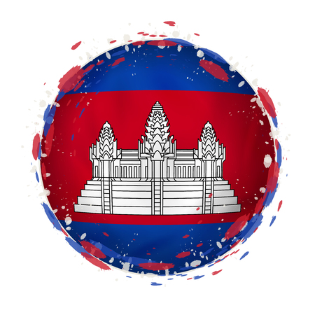 Round grunge flag of Cambodia with splashes in flag color. Vector illustration.のイラスト素材