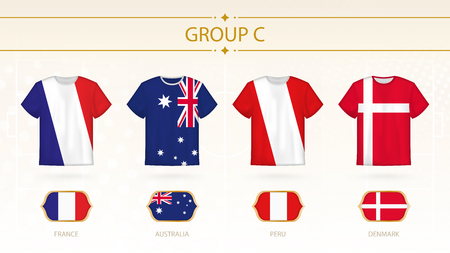 Football t-shirt with flags, teams of group C: France, Australia, Peru, Denmark.のイラスト素材