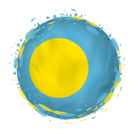Round grunge flag of Palau with splashes in flag color. Vector illustration.のイラスト素材