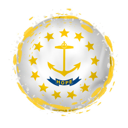 Round grunge flag of Rhode Island US state with splashes in flag color. Vector illustration.のイラスト素材