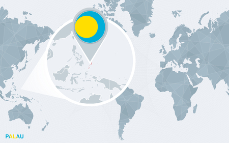 World map centered on America with magnified Palau. Blue flag and map of Palau. Abstract vector illustration.のイラスト素材