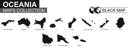 Maps collection countries of Oceania, black contour maps of Oceania. Vector set.のイラスト素材