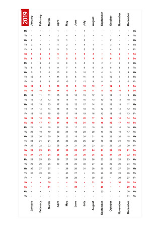 One row vertical calendar 2019, monday first day of the week.のイラスト素材