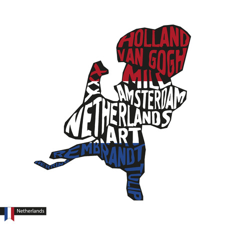 Typography map silhouette of Netherlands in black and flag colors. Vector Illustration.のイラスト素材